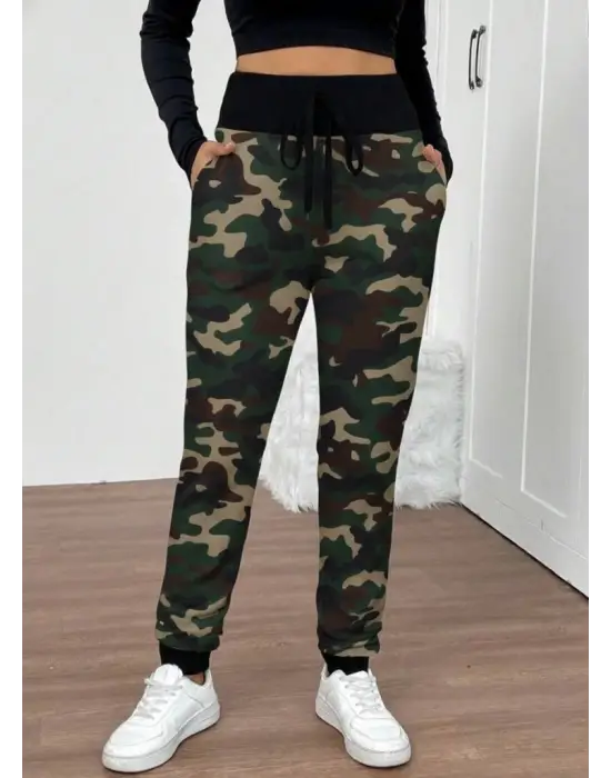 Kadın Yüksek Bel Bağcıklı Desenli Iki Iplik Pantolon