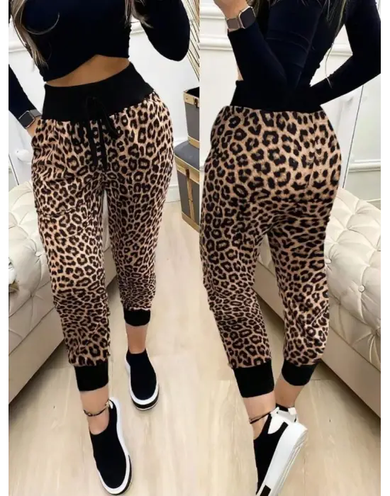 Kadın Yüksek Bel Bağcıklı Desenli Iki Iplik Pantolon