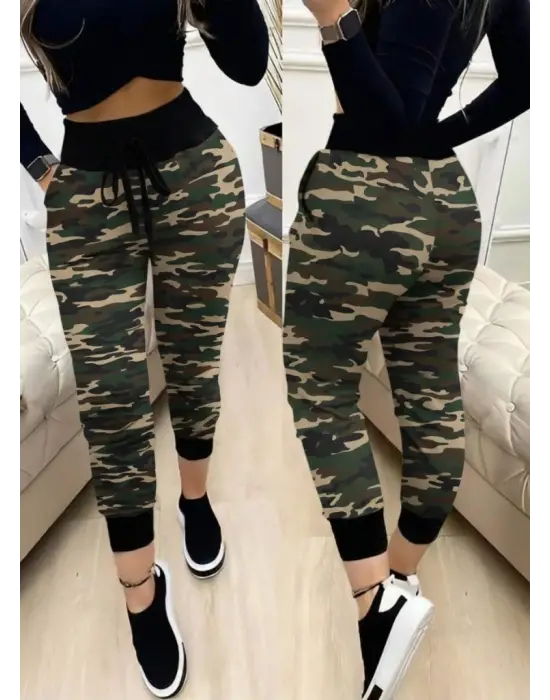 Kadın Yüksek Bel Bağcıklı Desenli Iki Iplik Pantolon