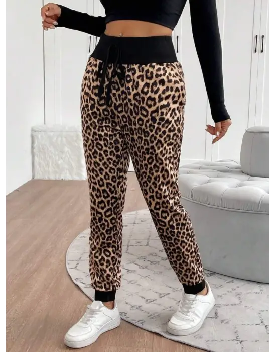 Kadın Yüksek Bel Bağcıklı Desenli Iki Iplik Pantolon