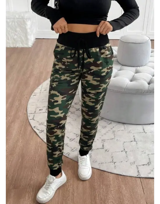 Kadın Yüksek Bel Bağcıklı Desenli Iki Iplik Pantolon