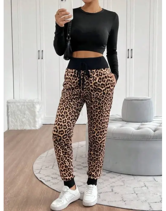 Kadın Yüksek Bel Bağcıklı Desenli Iki Iplik Pantolon