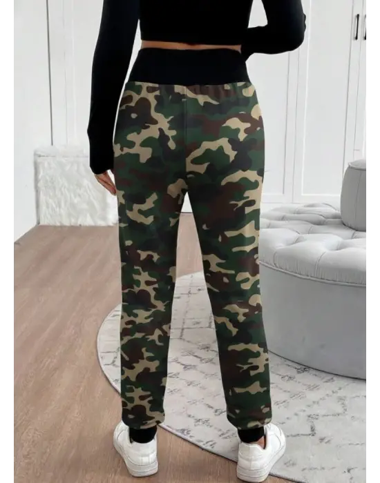 Kadın Yüksek Bel Bağcıklı Desenli Iki Iplik Pantolon