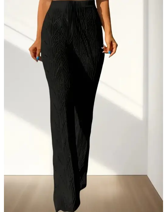 Omarı Yüksek Bel Bağcıklı Desenli Plaj Pantolon