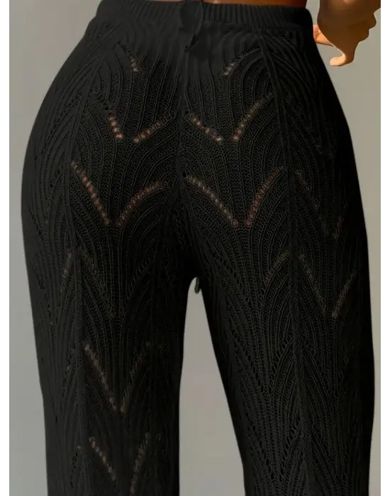 Omarı Yüksek Bel Bağcıklı Desenli Plaj Pantolon