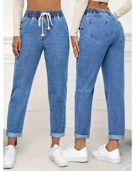 Kadın Yüksek Bel Bağcıklı Kot Pantolon