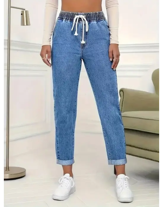 Kadın Yüksek Bel Bağcıklı Kot Pantolon