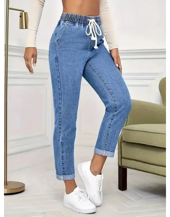 Kadın Yüksek Bel Bağcıklı Kot Pantolon