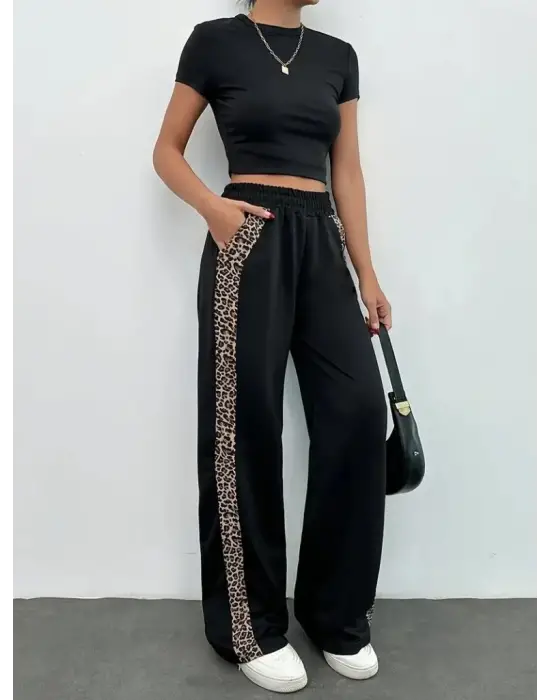 Kadın Yüksek Bel Bağcıklı Yanları Leopar Desenli Viskon Iki Iplik Pantolon