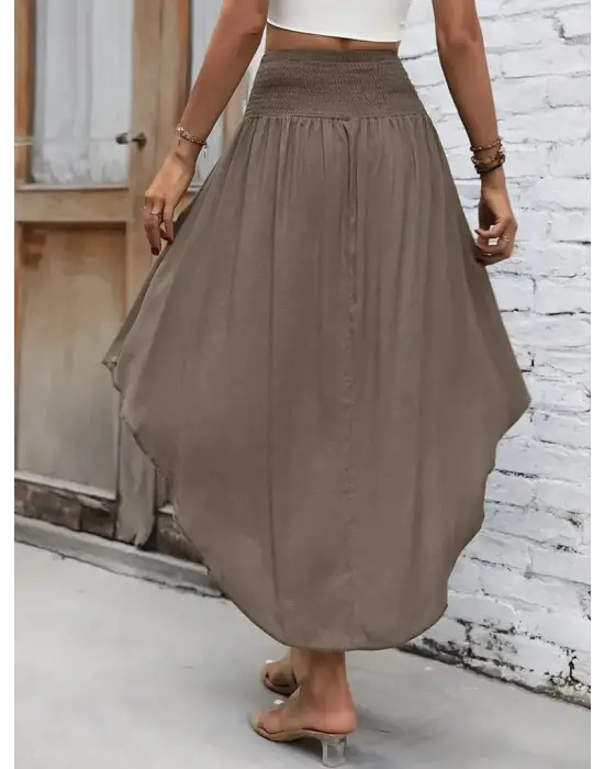 Kadın Yüksek Bel Belden Bağlamalı Asimetrik Kesim Detaylı Sandy Etek