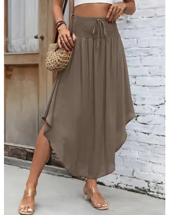 Kadın Yüksek Bel Belden Bağlamalı Asimetrik Kesim Detaylı Sandy Etek