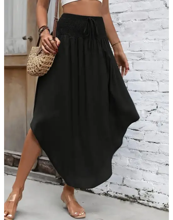 Kadın Yüksek Bel Belden Bağlamalı Asimetrik Kesim Detaylı Sandy Etek