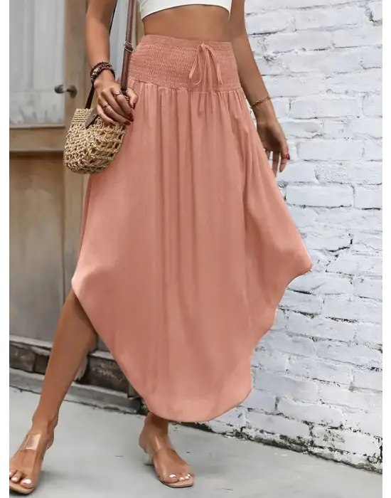 Kadın Yüksek Bel Belden Bağlamalı Asimetrik Kesim Detaylı Sandy Etek