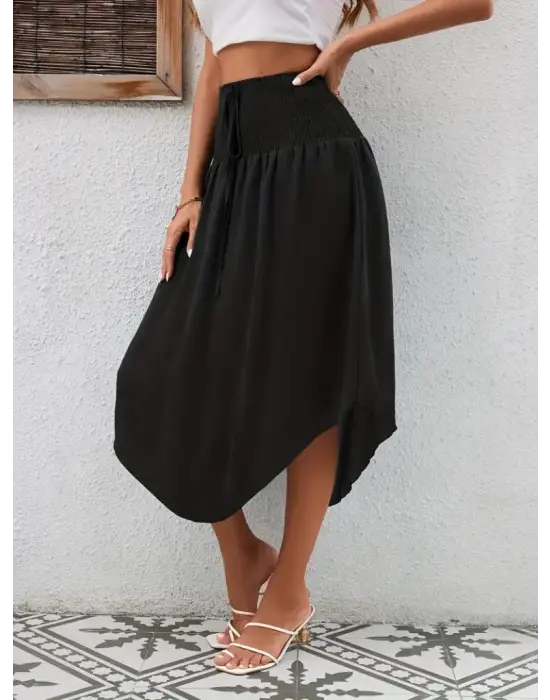 Kadın Yüksek Bel Belden Bağlamalı Asimetrik Kesim Detaylı Sandy Etek