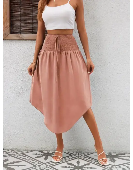 Kadın Yüksek Bel Belden Bağlamalı Asimetrik Kesim Detaylı Sandy Etek