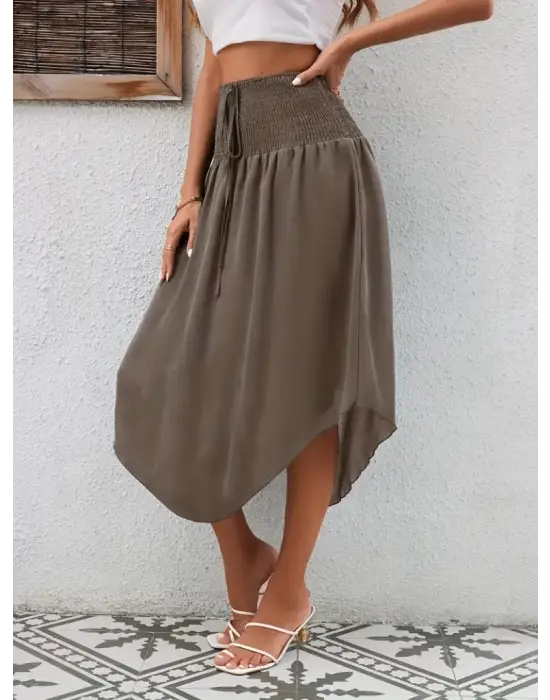 Kadın Yüksek Bel Belden Bağlamalı Asimetrik Kesim Detaylı Sandy Etek