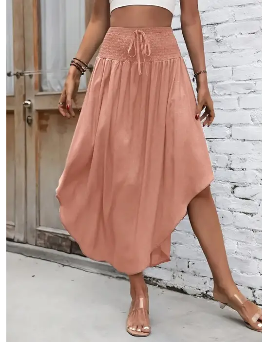 Kadın Yüksek Bel Belden Bağlamalı Asimetrik Kesim Detaylı Sandy Etek