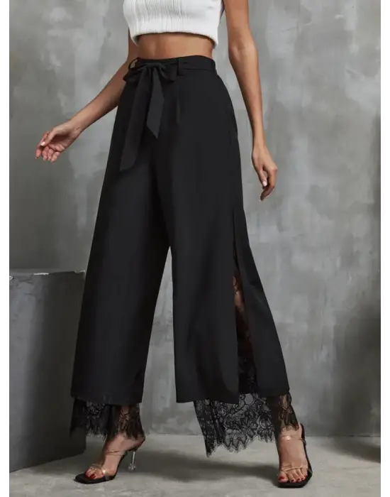 Kadın Yüksek Bel Belden Kuşaklı üst Dalgıç Alt Dantel Detaylı Dalgıç Pantolon