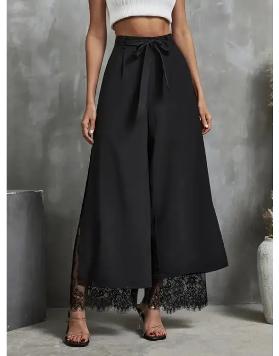 Kadın Yüksek Bel Belden Kuşaklı üst Dalgıç Alt Dantel Detaylı Dalgıç Pantolon Takım