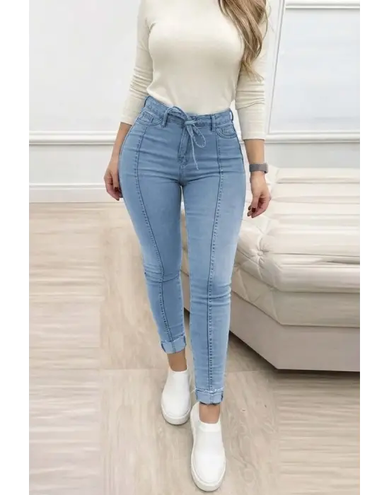 Kadın Yüksek Bel Belden Kuşaklı Yırtık Detaylı Kot Pantolon