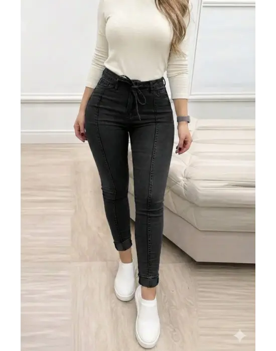 Kadın Yüksek Bel Belden Kuşaklı Yırtık Detaylı Kot Pantolon