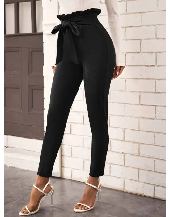 Kadın Yüksek Bel Beli Fırfırlı önden Bağlamalı Ithal Krep Pantolon