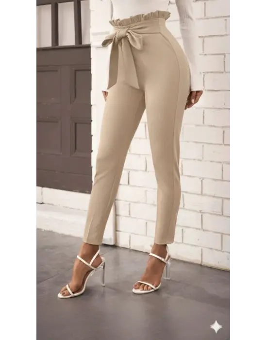Kadın Yüksek Bel Beli Fırfırlı önden Bağlamalı Ithal Krep Pantolon