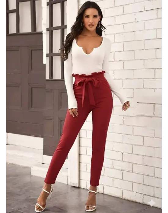 Kadın Yüksek Bel Beli Fırfırlı önden Bağlamalı Ithal Krep Pantolon