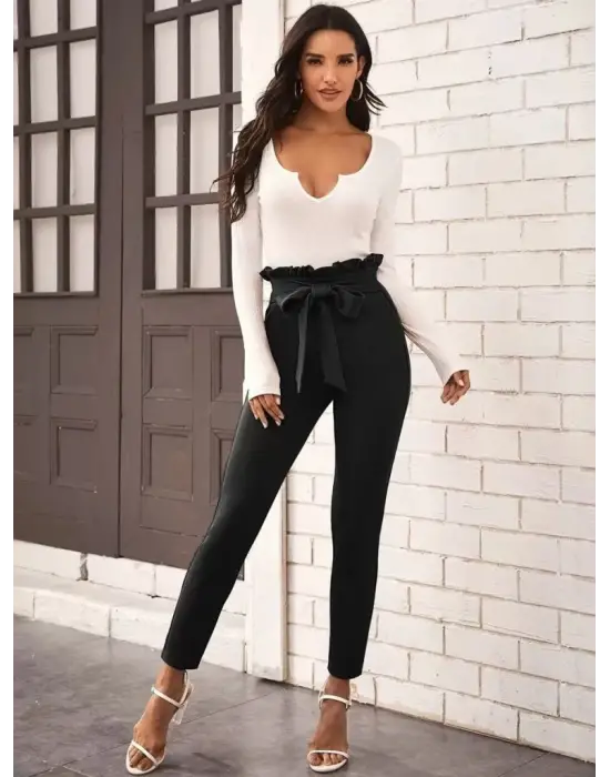 Kadın Yüksek Bel Beli Fırfırlı önden Bağlamalı Ithal Krep Pantolon