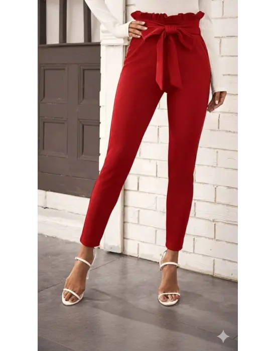 Kadın Yüksek Bel Beli Fırfırlı önden Bağlamalı Ithal Krep Pantolon