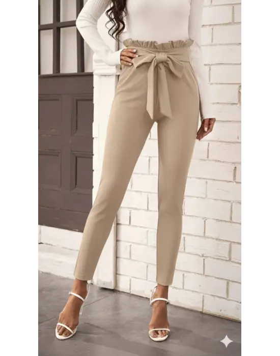 Kadın Yüksek Bel Beli Fırfırlı önden Bağlamalı Ithal Krep Pantolon