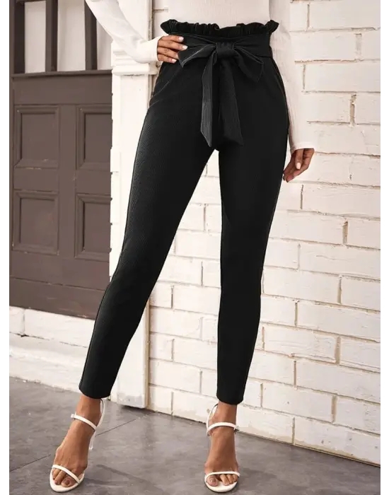 Kadın Yüksek Bel Beli Fırfırlı önden Bağlamalı Ithal Krep Pantolon