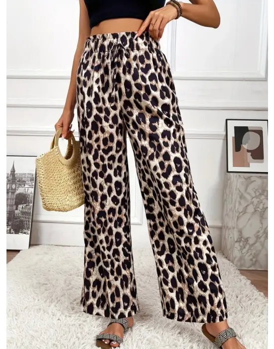 Kadın Yüksek Bel Beli Lastikli Bağcıklı Leopar Desenli Süprem Pantolon