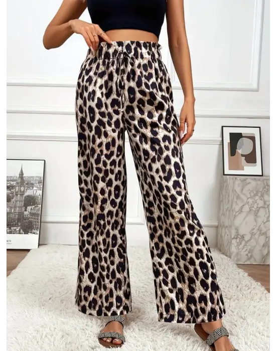 Kadın Yüksek Bel Beli Lastikli Bağcıklı Leopar Desenli Süprem Pantolon