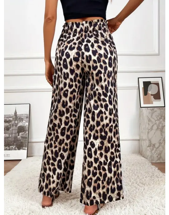 Kadın Yüksek Bel Beli Lastikli Bağcıklı Leopar Desenli Süprem Pantolon