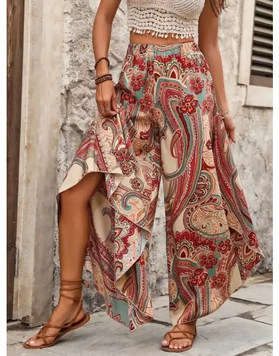 Kadın Yüksek Bel Beli Lastikli Desenli Geniş Paçalı Süprem Pantolon