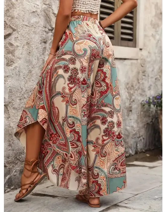 Kadın Yüksek Bel Beli Lastikli Desenli Geniş Paçalı Süprem Pantolon