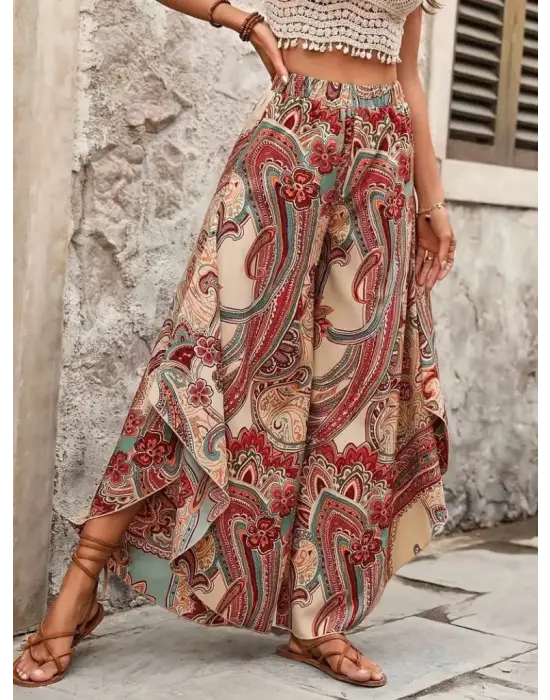 Kadın Yüksek Bel Beli Lastikli Desenli Geniş Paçalı Süprem Pantolon