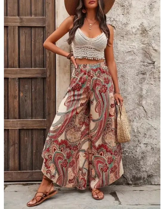 Kadın Yüksek Bel Beli Lastikli Desenli Geniş Paçalı Süprem Pantolon