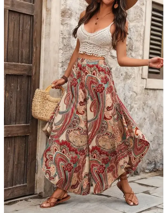 Kadın Yüksek Bel Beli Lastikli Desenli Geniş Paçalı Süprem Pantolon