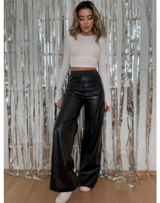 Kadın Yüksek Bel Beli Lastikli Geniş Paçalı Deri Pantolon