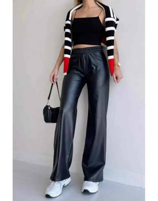 Kadın Yüksek Bel Beli Lastikli Geniş Paçalı Deri Pantolon