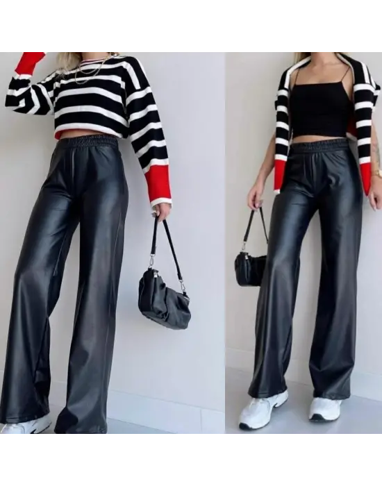 Kadın Yüksek Bel Beli Lastikli Geniş Paçalı Deri Pantolon