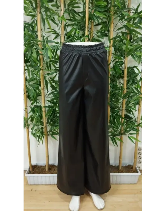 Kadın Yüksek Bel Beli Lastikli Geniş Paçalı Deri Pantolon
