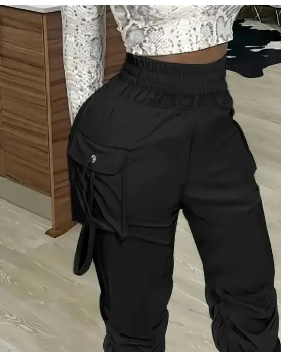 Kadın Yüksek Bel Beli Lastikli Kargo Cep Detaylı Gabardin Pantolon