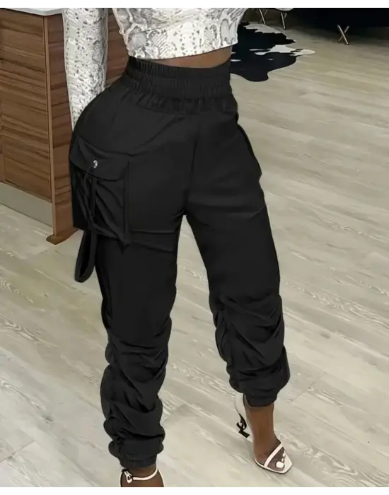 Kadın Yüksek Bel Beli Lastikli Kargo Cep Detaylı Gabardin Pantolon