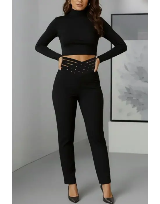Kadın Yüksek Bel çapraz şerit Detaylı Ithal Krep Pantolon