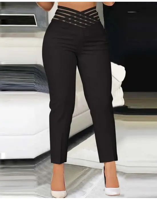 Kadın Yüksek Bel çapraz şerit Detaylı Ithal Krep Pantolon