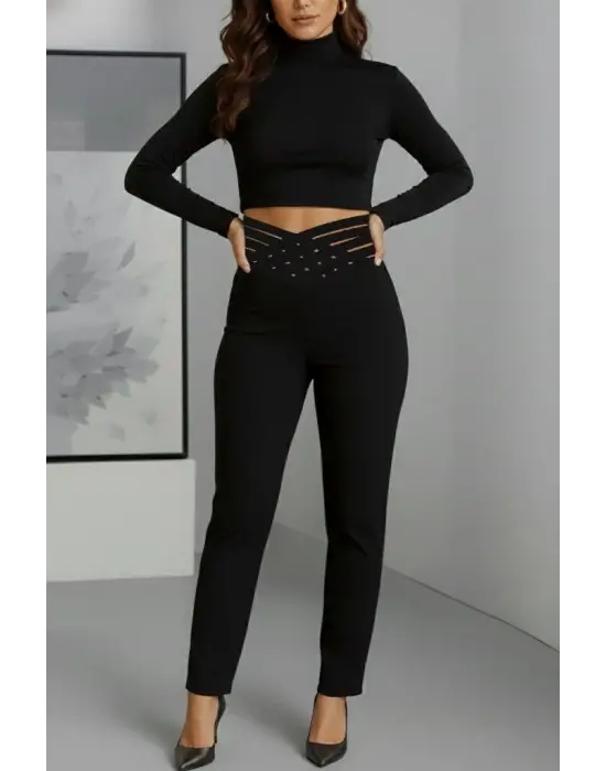 Kadın Yüksek Bel çapraz şerit Detaylı Ithal Krep Pantolon