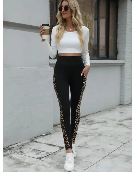 Kadın Yüksek Bel Cep Detaylı Leopar Desenli Dalgıç Tayt